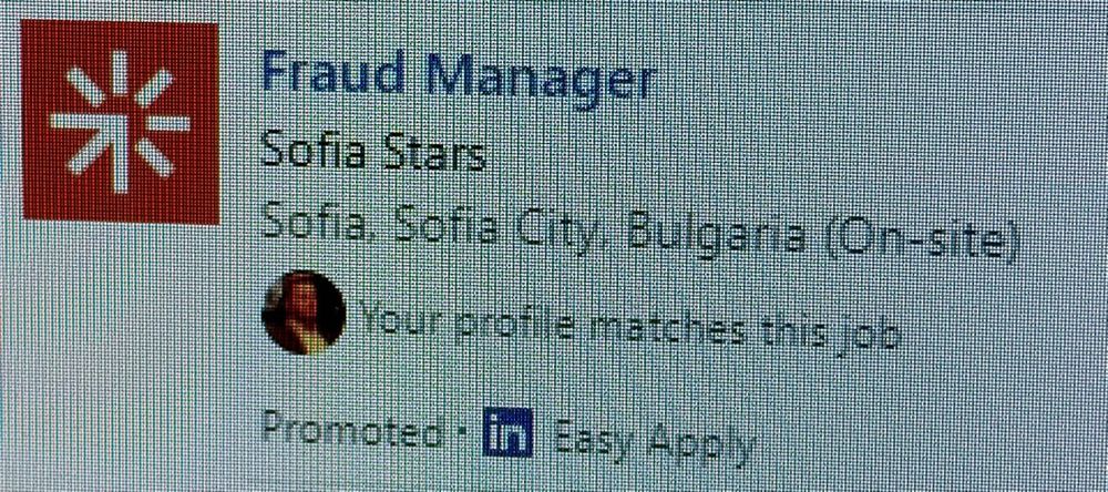 Linkedin job advert for a fraud manager showing me also that my profile matches this job advert