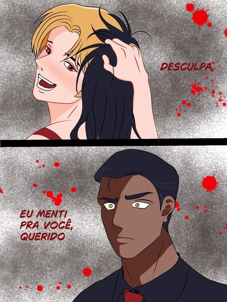 Ilustração em dois quadros

Primeiro quadro Ian, um homem loiro de olhos vermelhos está de costas olhando para trás e sorrindo tirando uma peruca preta.

Segundo quadro Dante, um homem de cabelo preto curto com alguns fios grisalhos está com os olhos dourados arregalados mostrando surpresa 

Legenda Desculpe, eu menti pra você, querido