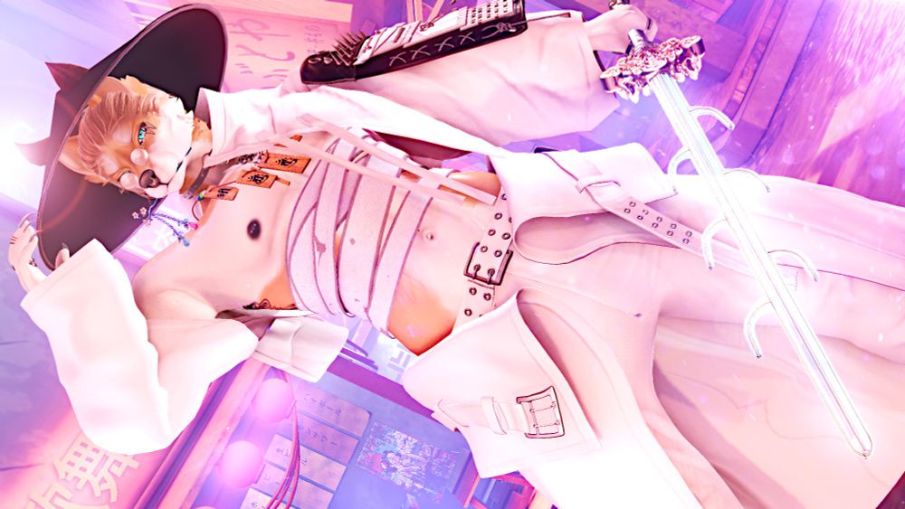 second life character canine shiba inu samurai holding a sword in a asian themed street