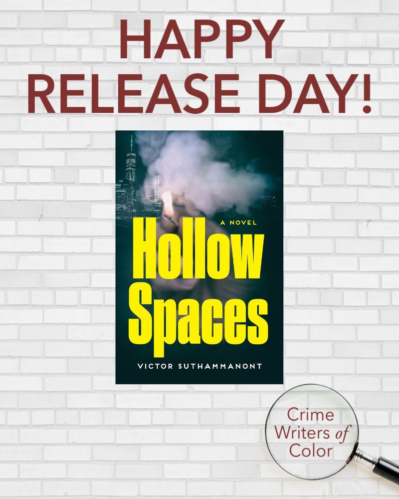 Hollow Spaces book cover of lit match with city backdrop. Crime Writers of Color in magnifying glass.