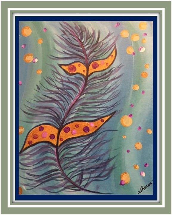 Acrylic painting of a feather. Shades of teal, gold and burgundy.