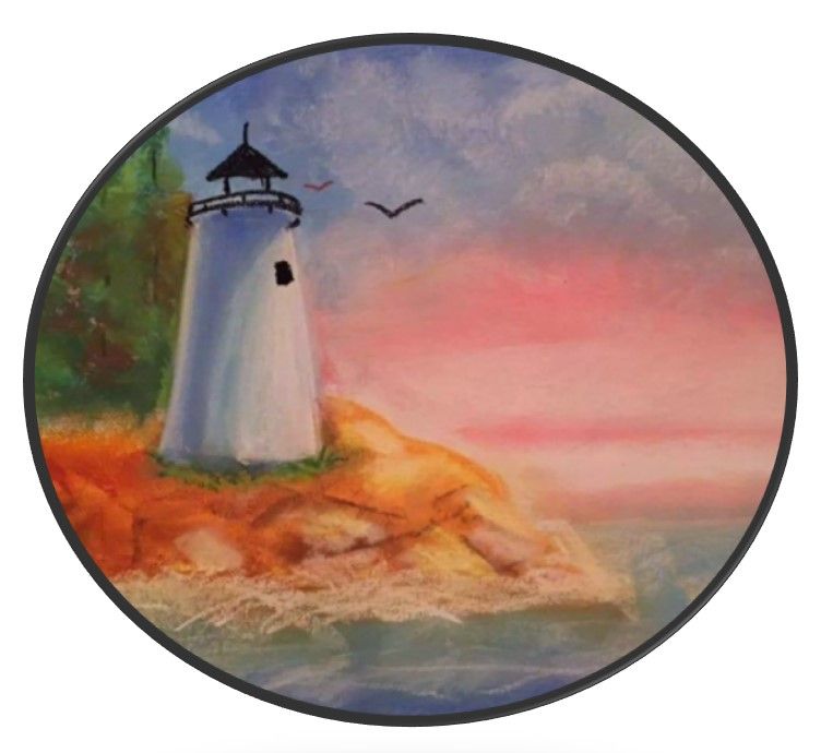 Only charcoal picture I've done: a white lighthouse on a brown rock cliff with a pink and blue sky over a greenish blue sea.