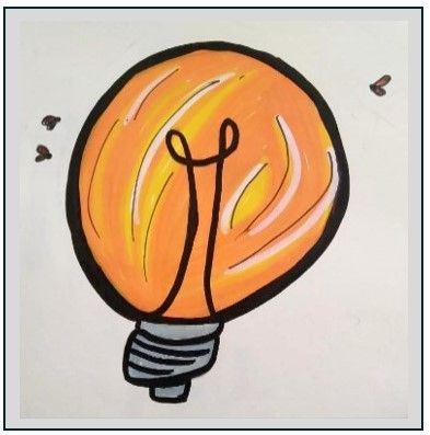 Marker doodle in a modern style: lightbulb with three gnats flying around it