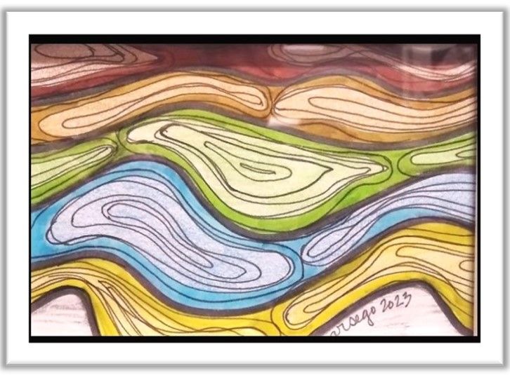Blue, green, yellow and brown waves connected at their borders like blood cells