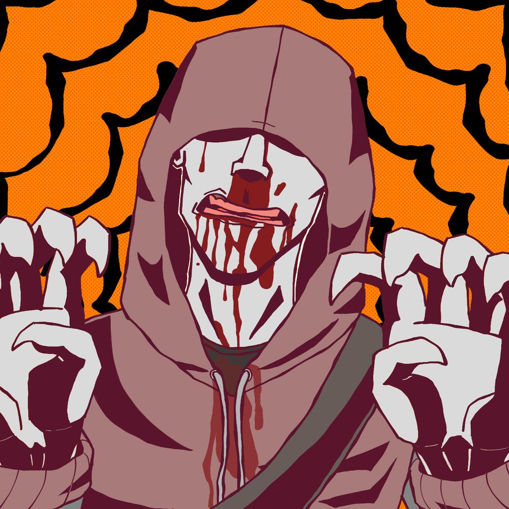 A picture of Scout in the L4D cosmetic. His claws reach out to the viewer with the hoodie sleeves cropped out of view. The front of his jacket is bloodstained from what appears to be a nosebleed leaking down to his mouth and throat. His eyes are obscured by the hood and the background has a spider-web like black pattern.