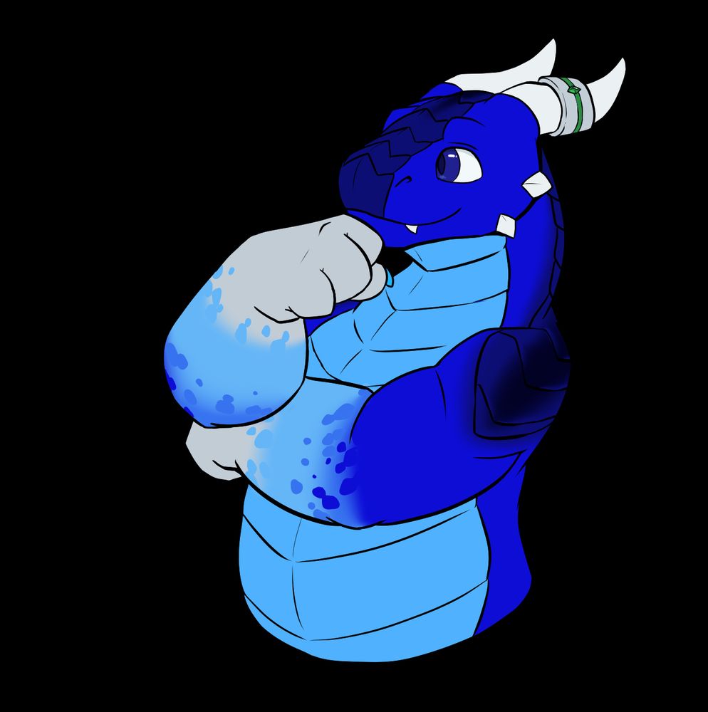 Raltz, the blue dragon, his hand is supporting his chin in an idle pose