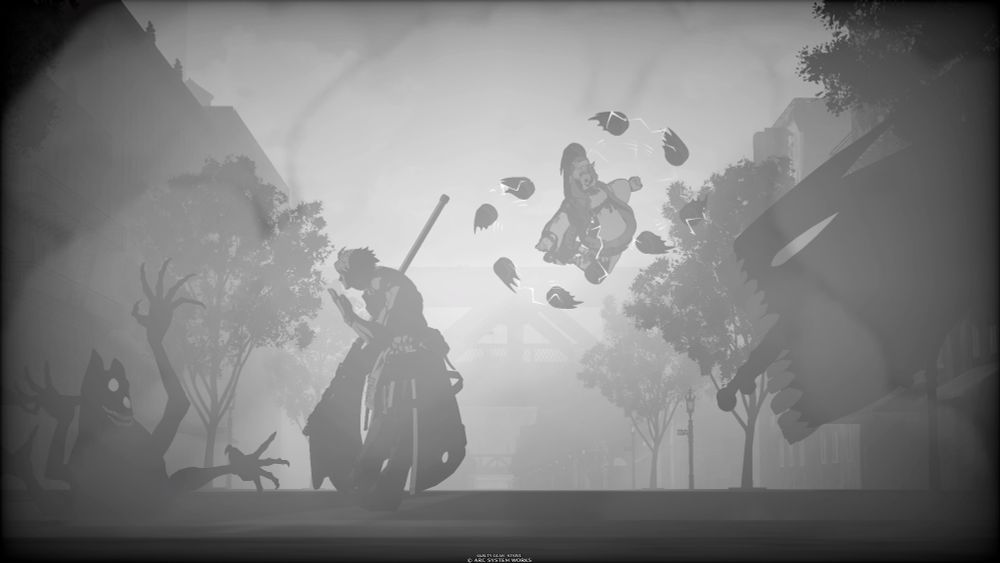 More shadow-like creatures have swarmed Sin and Bridget. Sin is a little off guard while Bridget is on the offensive.
There's currently no color in the city...