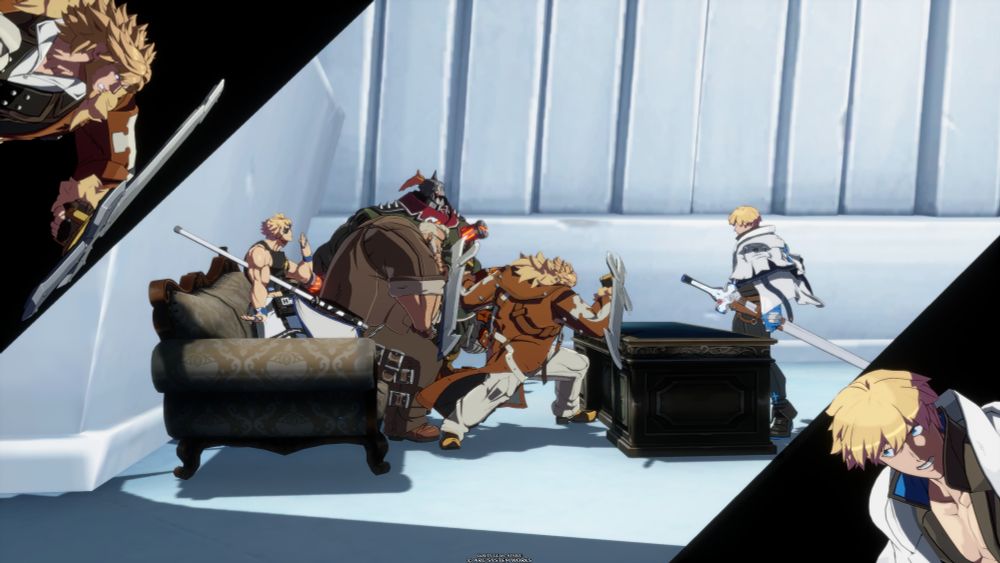 Leo and Ky seem to be engaged in a heated back-and-forth. Sin and Goldlewis share the sofa Leo was sitting in while Potemkin stands and watches them go at it.
