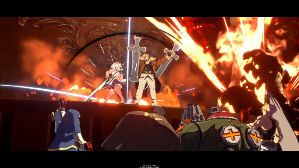 The Bros are back again at a concert of Elphelt's. This time, Leo is on the stage, too. Sin and Bridget are beside Potemkin and Goldlewis, enjoying the show.
There's a lot of pyrotechnics, but...was that supposed to explode?