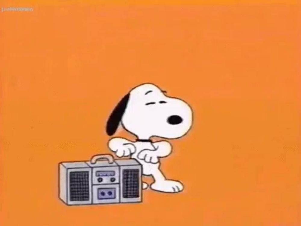 snoopy is holding a boombox and dancing while standing on an orange background .