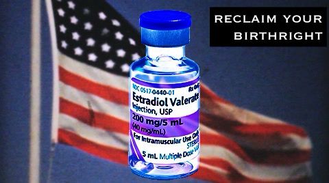 estradiol valerate vial superimposed on an american flag shown with heavy film grain
reclaim your birthright text in the top right corner