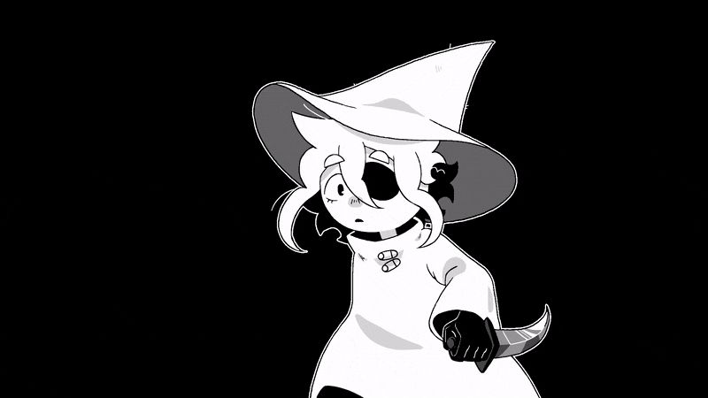 Siffrin from the monochrome game In Stars and Time getting struck by an unknown force and dropping their dagger, cutting to floating in a black void for a few seconds, and time looping back to the start in the grass.

Source is from the game's official trailer.