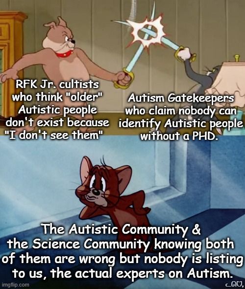 A variation on the Spike and Tom fighting while Jerry laughs meme. In this version Jerry is frustrated. Spike RFK Jr. cultists who think 