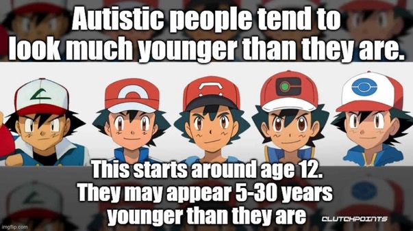 Autistic people tend to
look much younger than they are.
This starts around age 12.
They may appear 5-30 years younger than they are