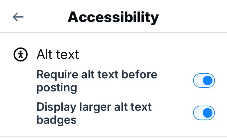Bluesky Accessibltg Settings menu Alt Text submenus Options are: Require alt text before posting Display larger alt text badges Both have toggles for on or off. 
