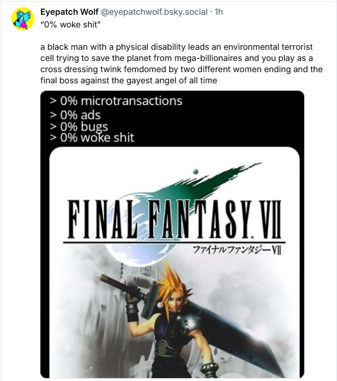 Post with screen shot of another post being commented on. 

Eyepatch Wolf‬
 ‪@eyepatchwolf.bsky.social‬
· 1h
“0% woke shit”

a black man with a physical disability leads an environmental terrorist cell trying to save the planet from mega-billionaires and you play as a cross dressing twink femdomed by two different women ending and the final boss against the gayest angel of all time

The referenced post is anonymous which says 

0% microtansactions
0% ads
0% bugs
0% woke shit

with an image of Final Fantasy 7 