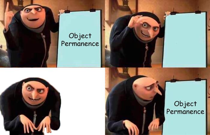 The Gru presenation meme. 

The frist panel says object permancnece 

The seonc panel doesn't say anytthing. 

the thirs panel has Gru alone with nothing behind them at all. a white void

The forth panel has Gru looking at a sign that says "Object Permancne with everything back to normal. 