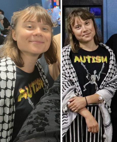 Two photos of Greta Thunberg in the same outfit.

The pants are thick blakc styles and thin white stripes. 

Over a black t-shirt Greta is wearing a Palestinian keffiyeh. This is black and white with a grid of white circles on black ij the “interior and becomes wavy black lines on a white on the exterior. There are white thread like elements handing from the outside of it. 

Thank you to Andrea BoBandrea for helping me to distinguish the details and name of this article. 

At the top of the black r-shirt is spelled "AUTIsm" all caps printed in Flames. The image on the center of the shirt is a skeleton in an action pose, implying it's an undead animated skeleton, in each hand (so two of them) in a massivlly long belt Fed machine gun (the type that would typically require a stand.) pointing up in the air.