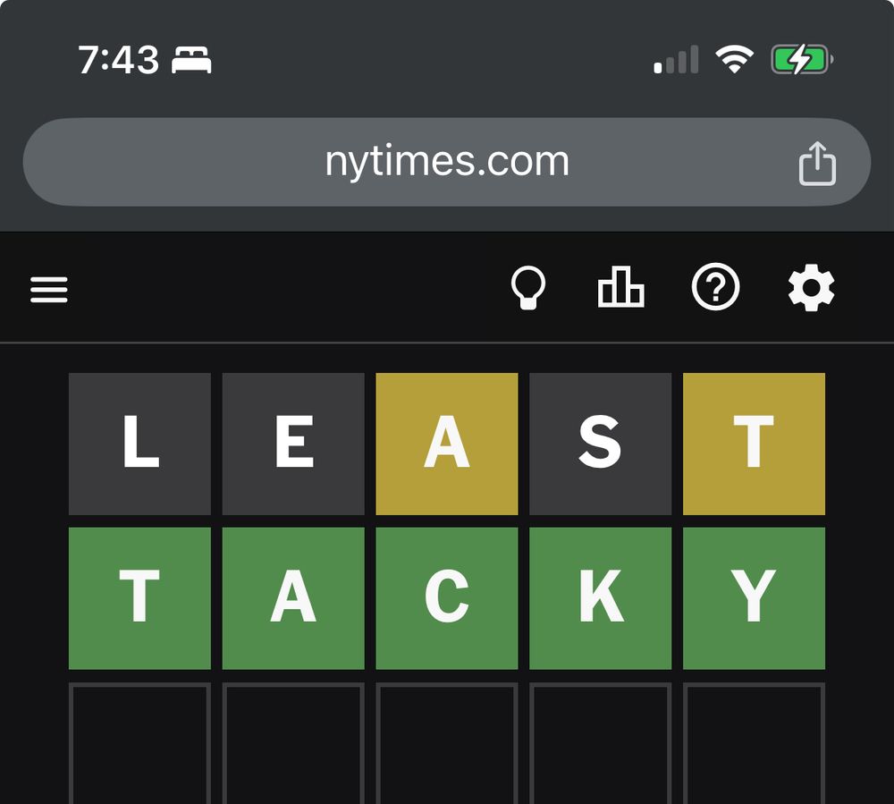 Wordle screenshot showing least tacky as my winning combo
