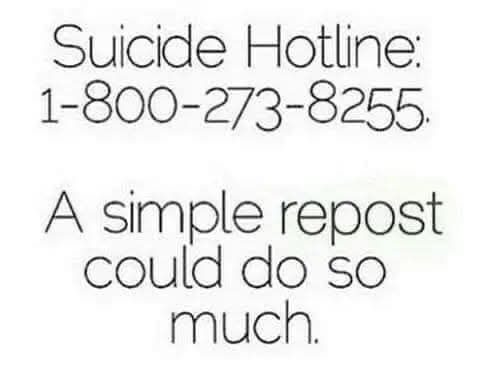 Suicide Hotline
(In the USA)
1-800-273-8255

A simple repost could
do so much. 