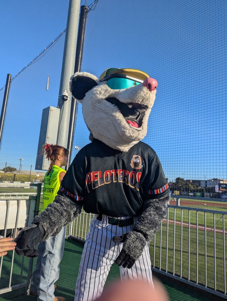 Oakland Ballers mascot "Scrappy the Possum". 