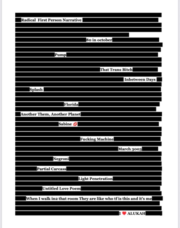 Radical First Person Narrative
80 in octoberl
Pumpl
That Trans Bitch
Inbetween Days
Splash
Florida
Another Them, Another Planet|
Sabine
Fucking Machine
March 3003
Negroni
Partial Carcass|
Light Penetration
Untitled Love Poem
When I walk in that room They are like who tf is this and it's me
ALUKAH