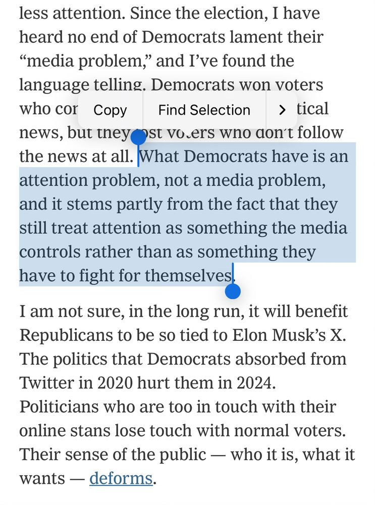 NYT excerpt highlighting the quote “What Democrats have is an attention problem, not a media problem, and it stems partly from the fact that they still treat attention as something the media controls rather than as something they have to fight for themselves”