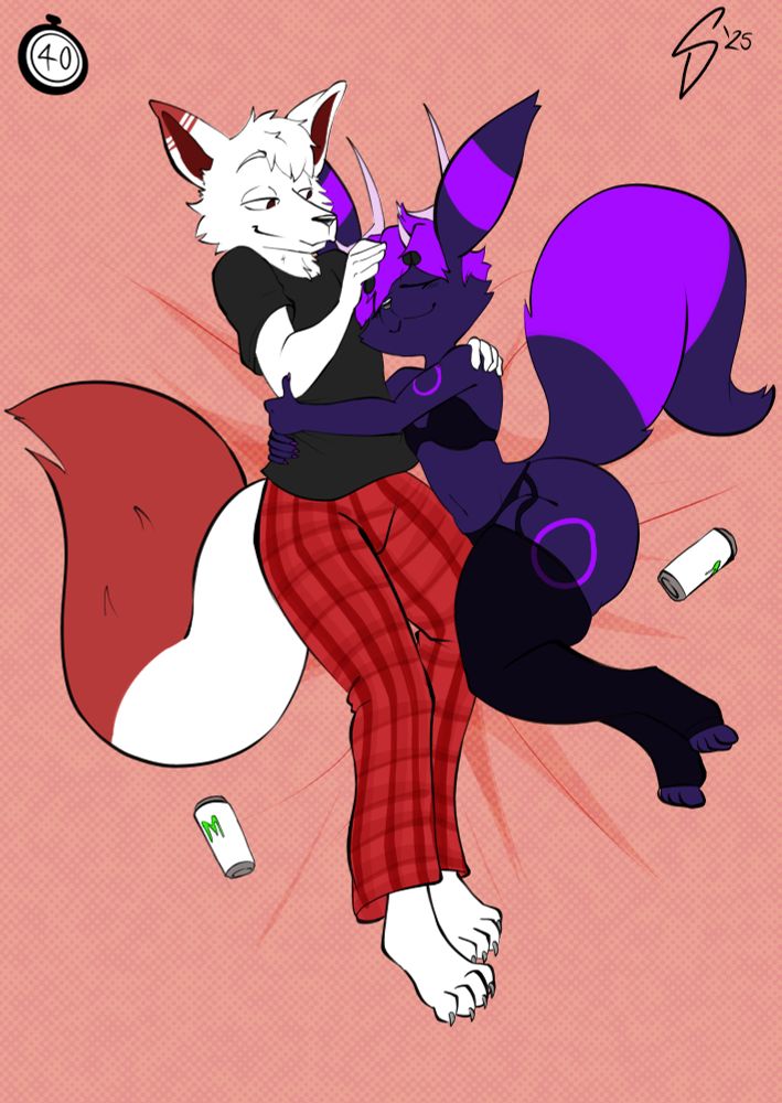 Commission for Moogleh. Moog and Loof cuddling together on a bed with some monster cans around then.