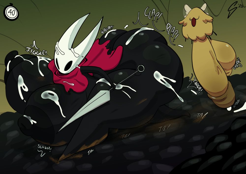 Commission for Quinnox. A big, jiggly and messy Hornet running through Pharloom, while being followed by a well hung flea.