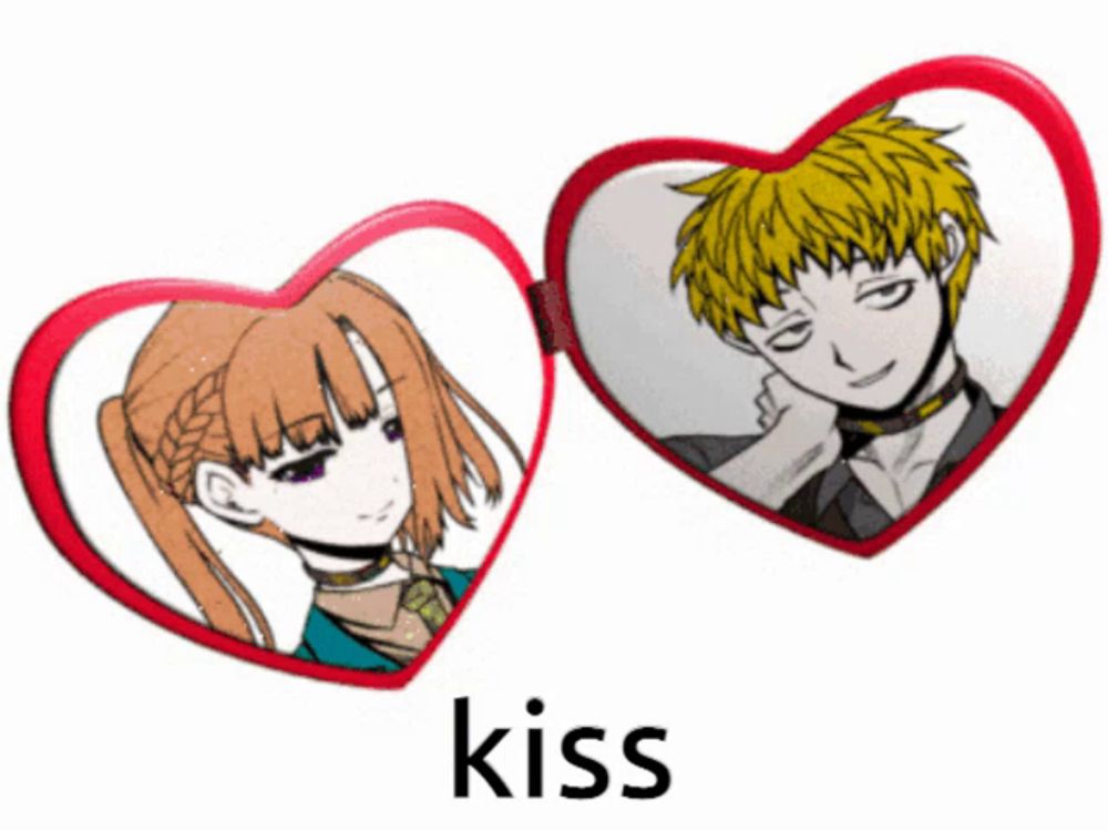 a picture of a boy and a girl in a heart shaped frame with the word kiss below them