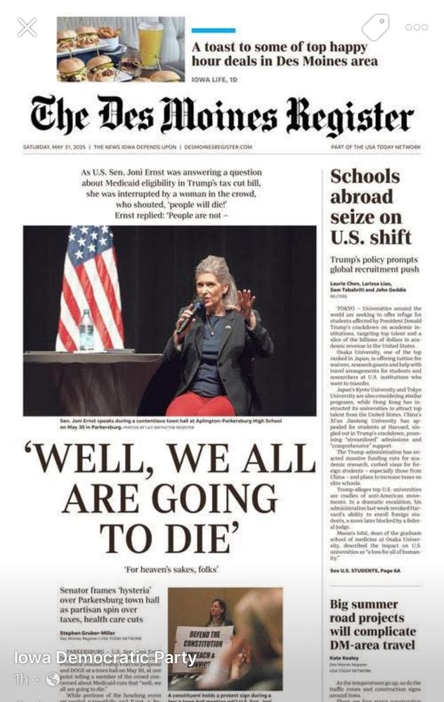 A picture of Iowa Senator Joni Ernst (R) along with her quote used as the headline “Well, We All Are Going to Die” of the Des Moines Register. 