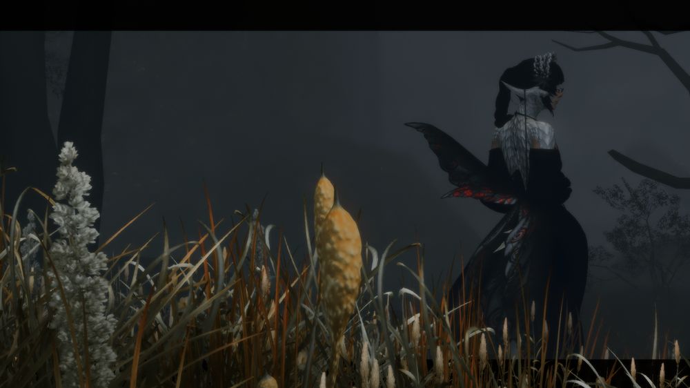An au ra with an overgrowth of fairy wings patterned with eyes shimmering red gazes from the side of the picture, hinting awareness of the onlooker in the foggy night.
