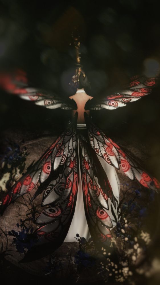 Upon an stone alter kneels an faerie with their wings spread, over grown and covered with red eye like patterns, shimmering in every direction. An hand in golden gauntlet comes forth from the shadows and rests upon the top of the fairies head like ownership of an beast. 