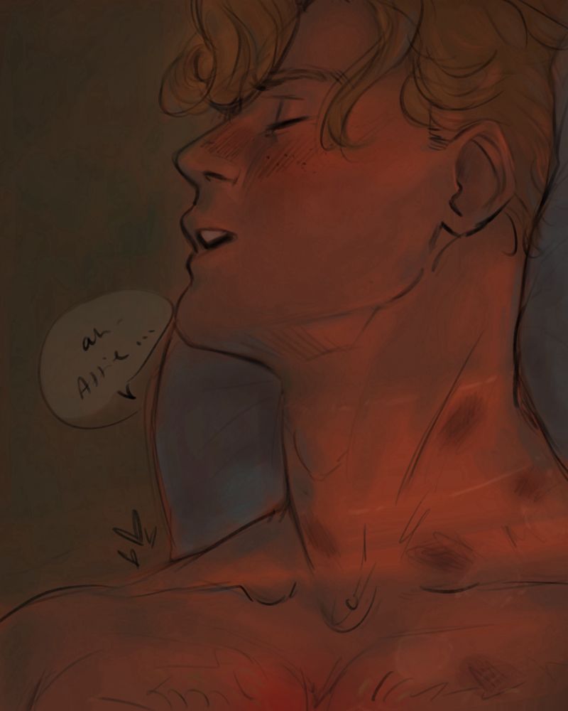 art work of blonde human man - close up from the shoulders up, he is shirtless with various scars and hickeys from the neck down - his face is slightly turned to the left with his eyes closed and mouth open as if panting/moaning 
TEXT:
Man : “ Ah- Attie …”