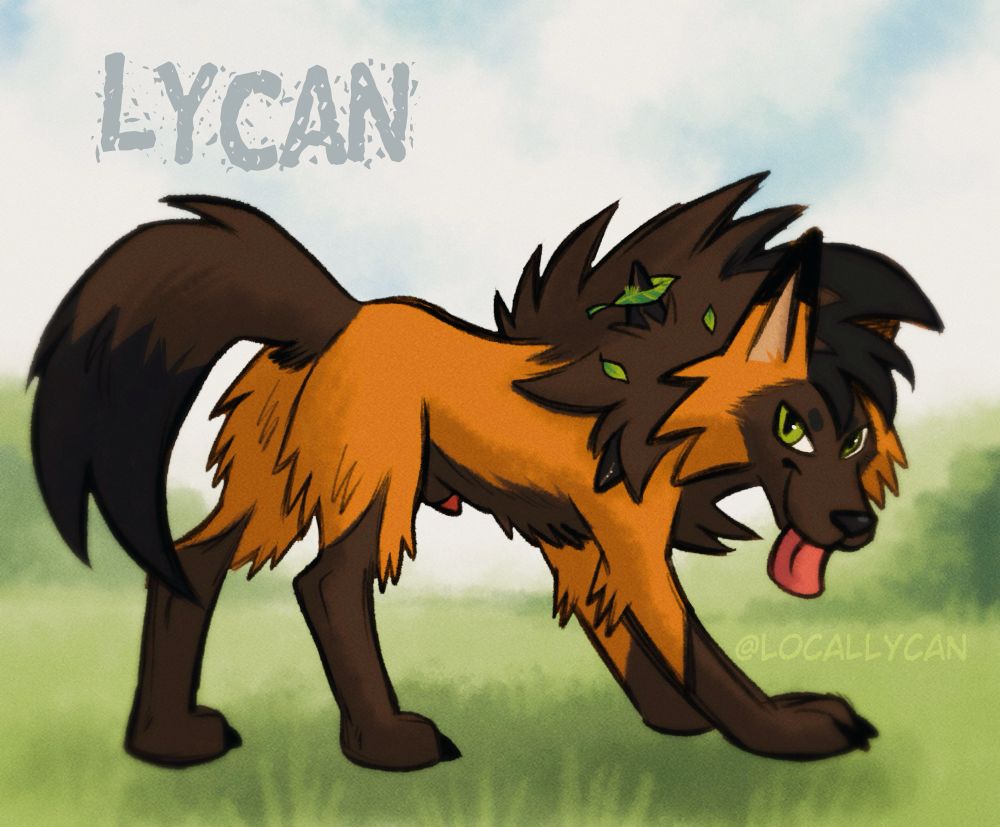 A dusk lycanroc with orange & brown fur and leaves stuck in its mane and rock-spikes! Its tongue is poking out and the red tip is peeking out of its sheath