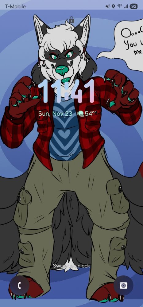 Phone lock screen with a black, white, and crimson kitsune character 