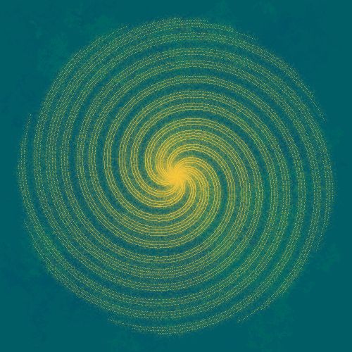 A mottled blue background with a yellow Halton spiral centered in the middle.