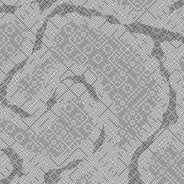 And abstract linear pattern, mostly oriented around variations on squares rotated 45 degrees. Some parts of the pattern are interrupted with denser areas of lines, following a ridged pattern with a vague feel of a landscape (more topographic map). 