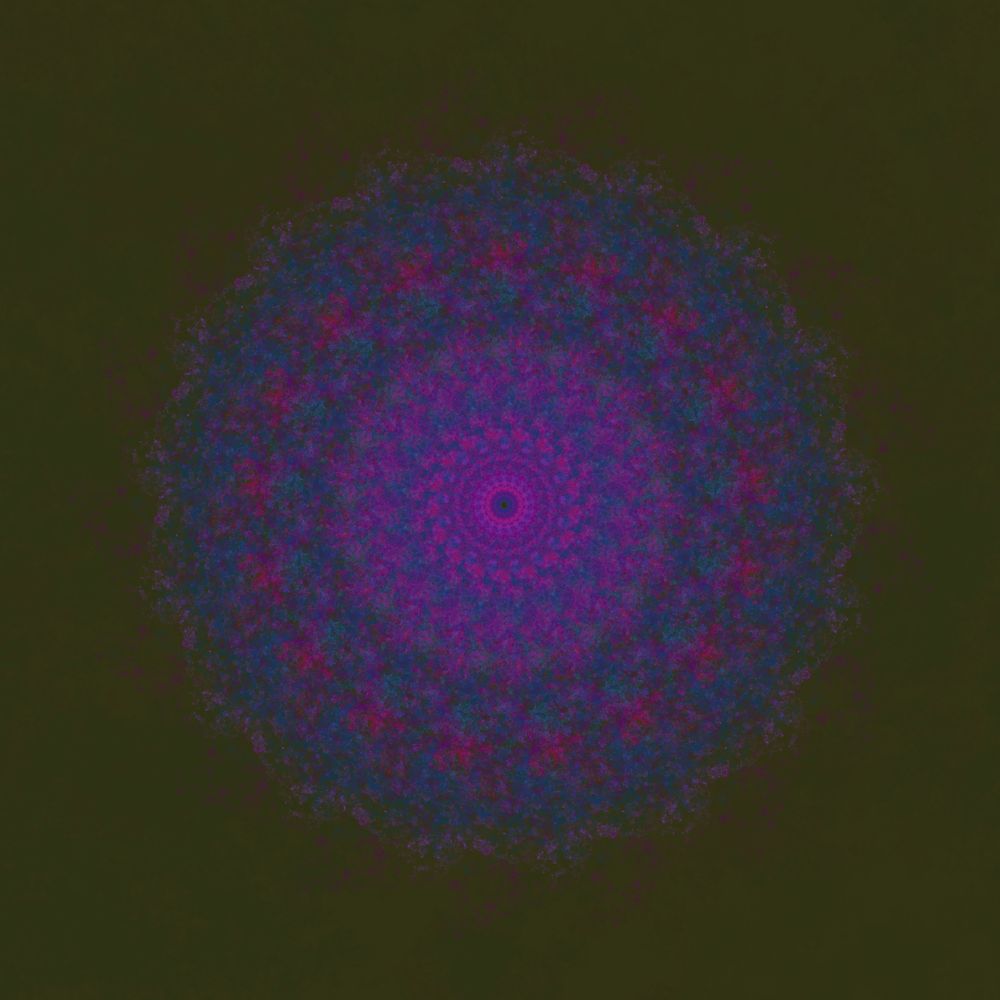 A rather intense looking wreath-like fractal shape with quite intense purples and reds, with a touch of cyans, against a nearly black background.