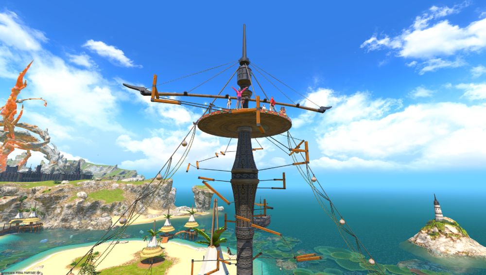 A super zoomed out view of the tower and the nightmare of posts you gotta jump to get up there. Temple is at the edge, waving. Other people are visible at the top in this scene.
