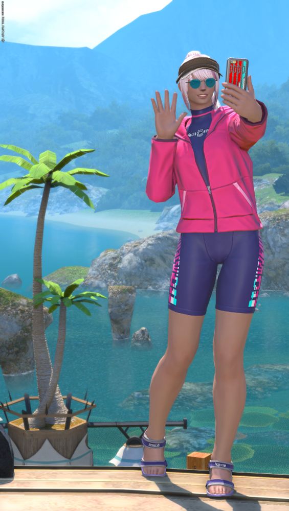 Temple in the new swimsuit glam taking a selfie at the top of the Moonfire tower...which is now the mast of a ship.

The outfit is a dark blue wetsuit with shorts and a bright pink hoodie over top. She has purple sandals and her classic brown visor and teal sunglasses on as well.