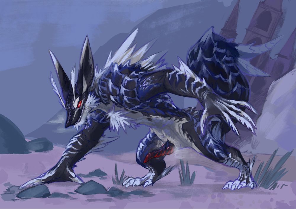 A somewhat alt-color anthro version of Lunagaron from Monster Hunter rise: Sunbreak. With a glowing red dick out