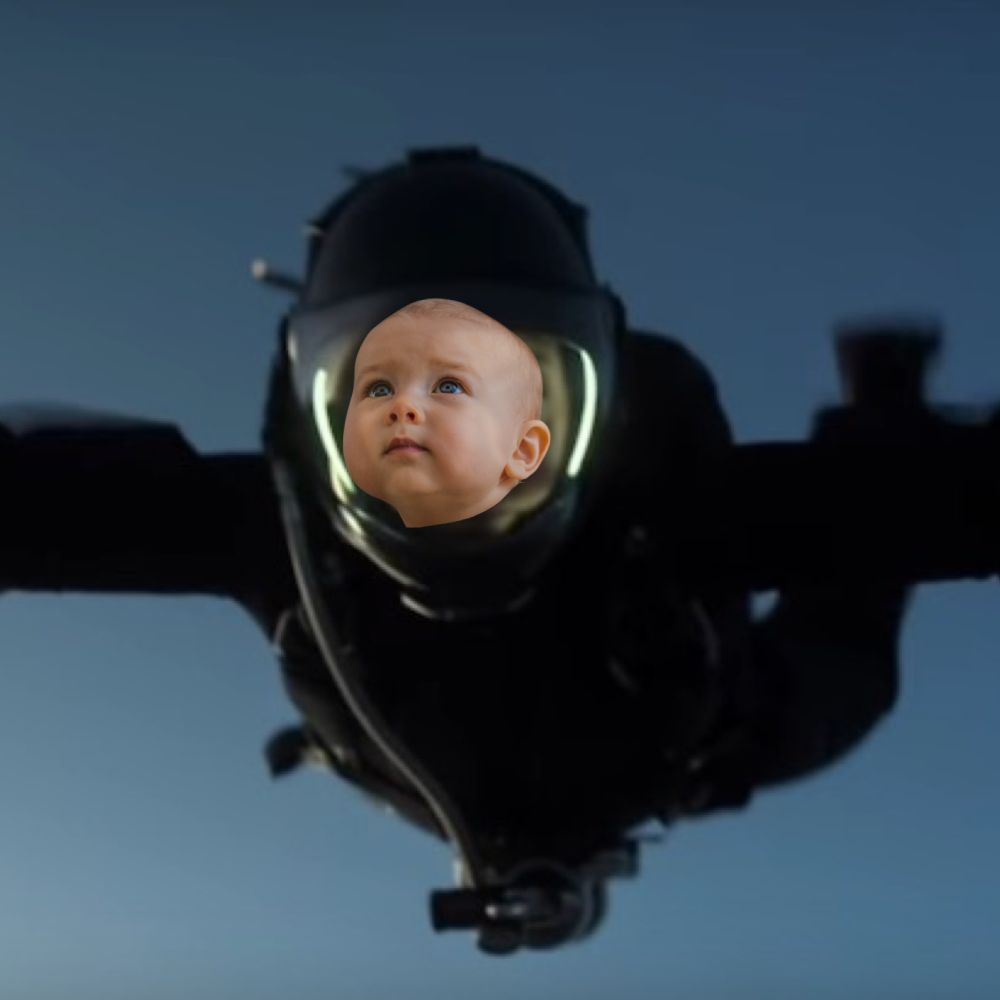 Tom Cruise parachuting from mission impossible, with a baby’s head superimposed on him