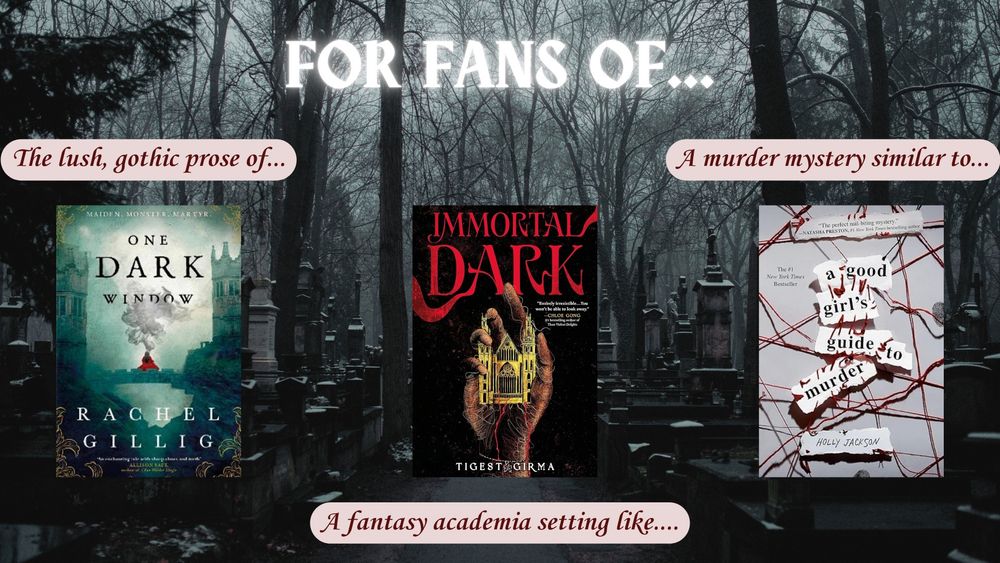 For Fans Of...

The lush, gothic prose of...

A fantasy academia setting like...

A murder mystery similar to...