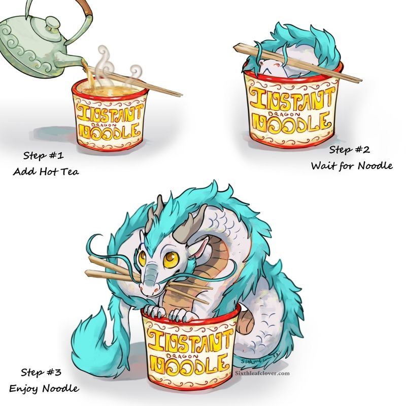 White and aqua colored noodle eastern dragon emerging from an instant noodle bowl.