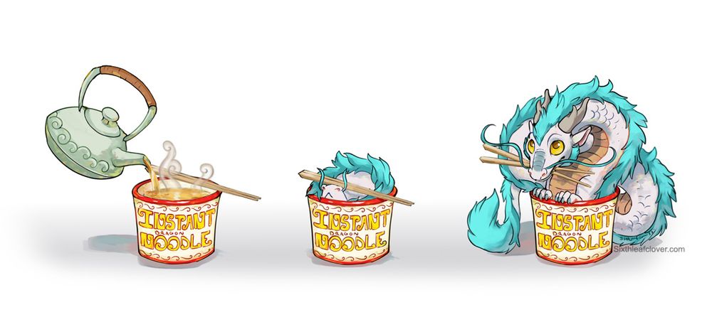 white noodle dragon with a green mane rising from a noodle bowl