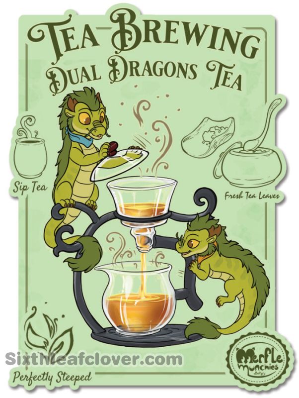 Two small green noodle eastern dragons carefully brewing tea with a green background to the artwork.