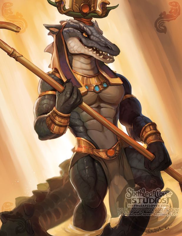 sobek the crocodile god in water with his headdress and staff