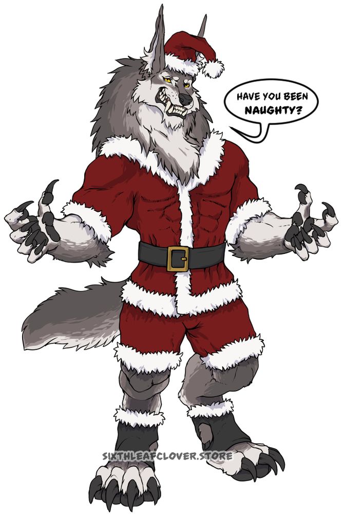 werewolf dressed up as santa in a red suit with white trimming around the edges and he is holding his claws out while grinning with his long fangs on his face