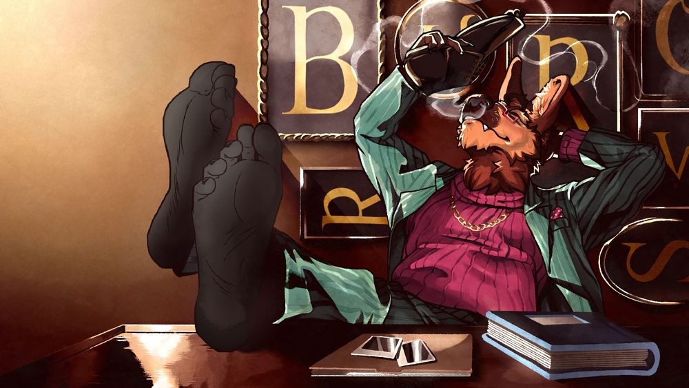 Mark Lazarus is sitting at a desk with his bare feet propped up on a table, his ankles crossed, while smelling the inside of his shoe. The original picture is in the game under the archives tab. It was... such a prime tease for us foot fetishists and I just had to edit the pic... It was on my mind for a LONG while now. 